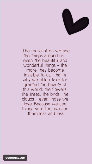 The more often we see the things around us - even the beautiful and wonderful things - the more they become invisible to us. That is why we often take for granted the beauty of this world: the flowers, the trees, the birds, the clouds - even those we love. Because we see things so often, we see them less and less.