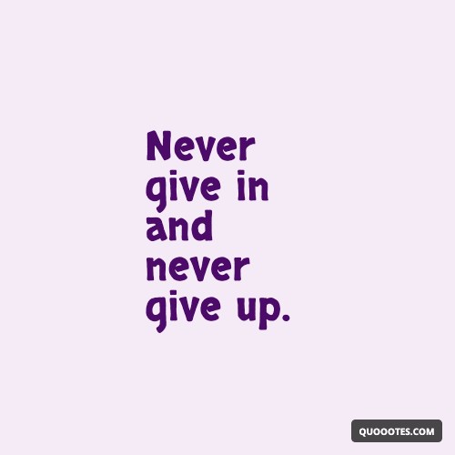Image with text about Never give in and never give up.